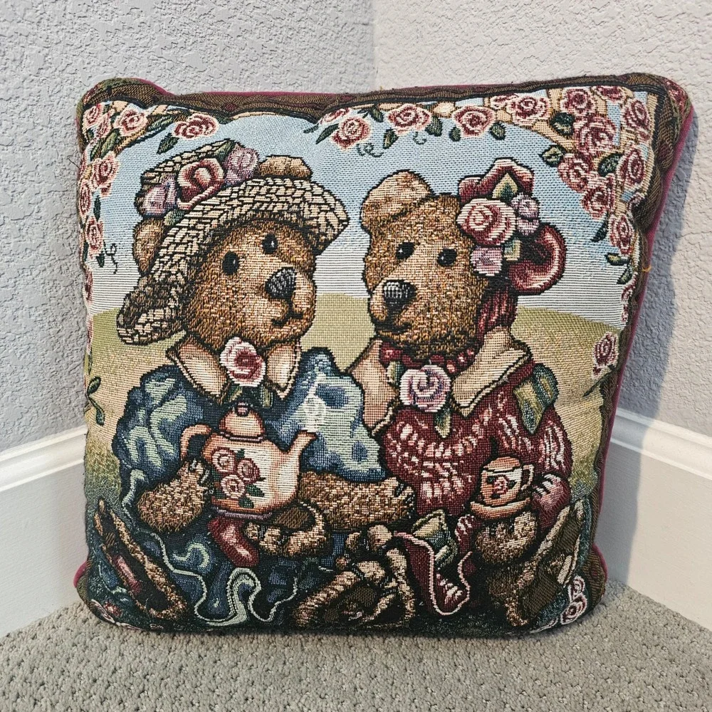 Vintage Boyds Bears & Friends Tea Party Woven Tapestry Throw Pillow 15x15 Rose